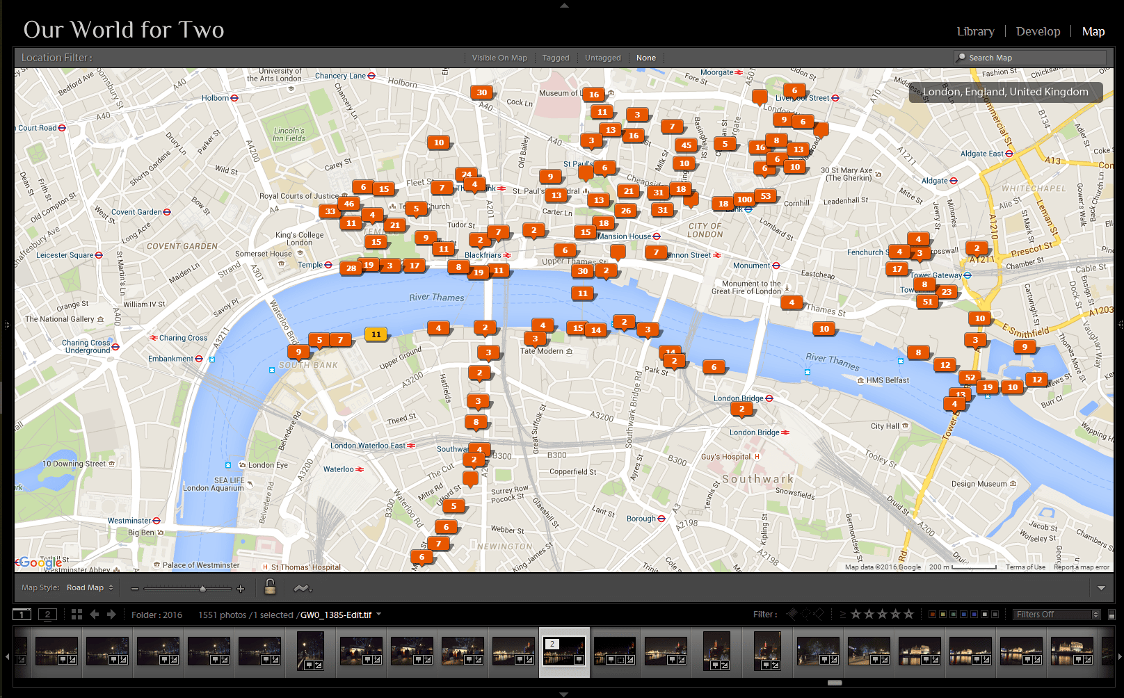 The map module of Adobe Lightroom with all the locations tagged