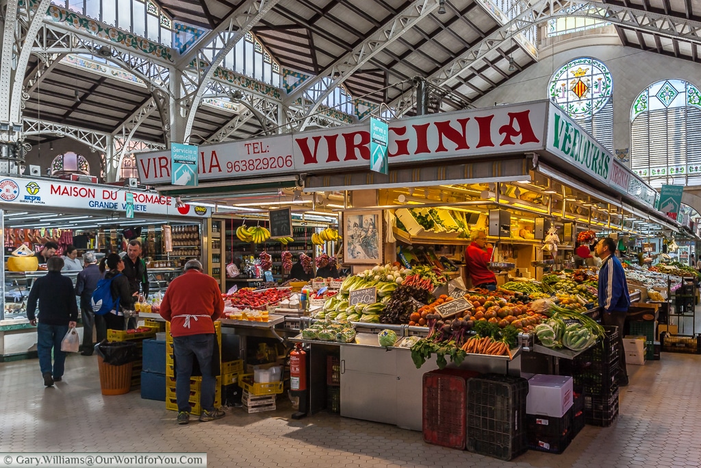 A greengrocer stall in the Mercado Central, Valencia, Spain