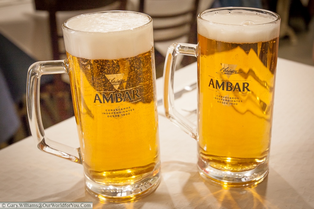 A couple of large glasses of Ambar Beer at Casa Paquito, Valencia, Spain