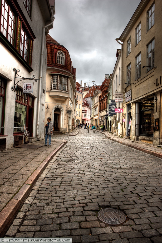 This cobbled street, Pikk, lies just a stones throw from the old town square in Tallinn.