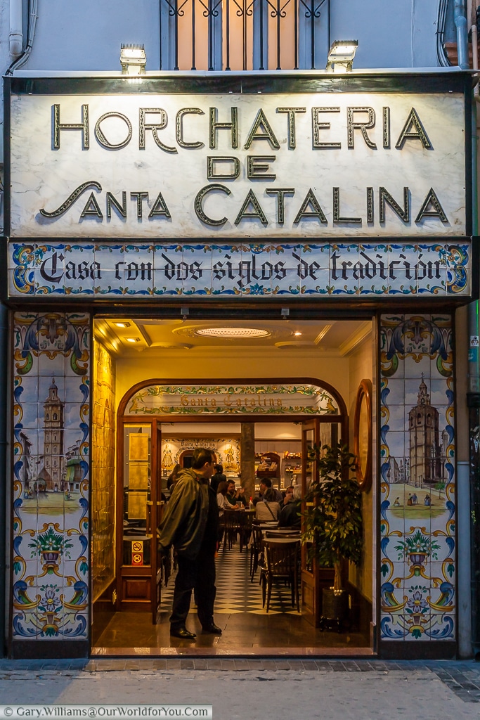 The exterior of Horchateria de Santa Catalina in the evening, Valencia, Spain