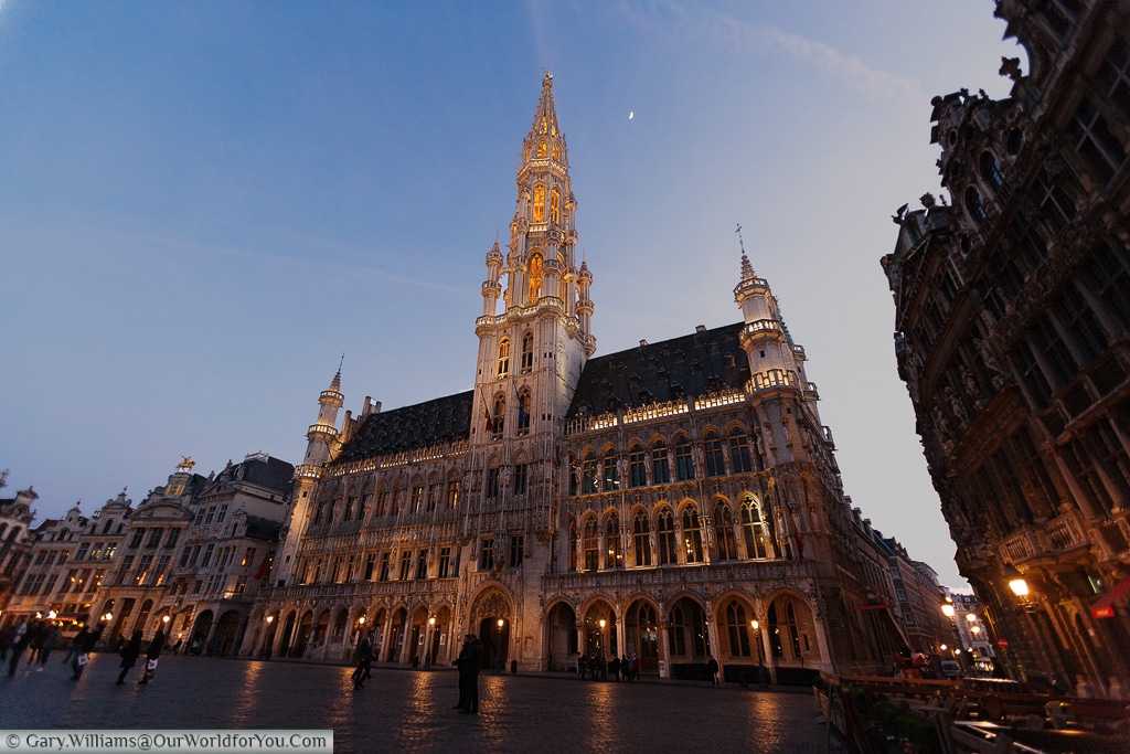 The Hotel de Ville at dusk in the Grand Place, Brussels, Belgium