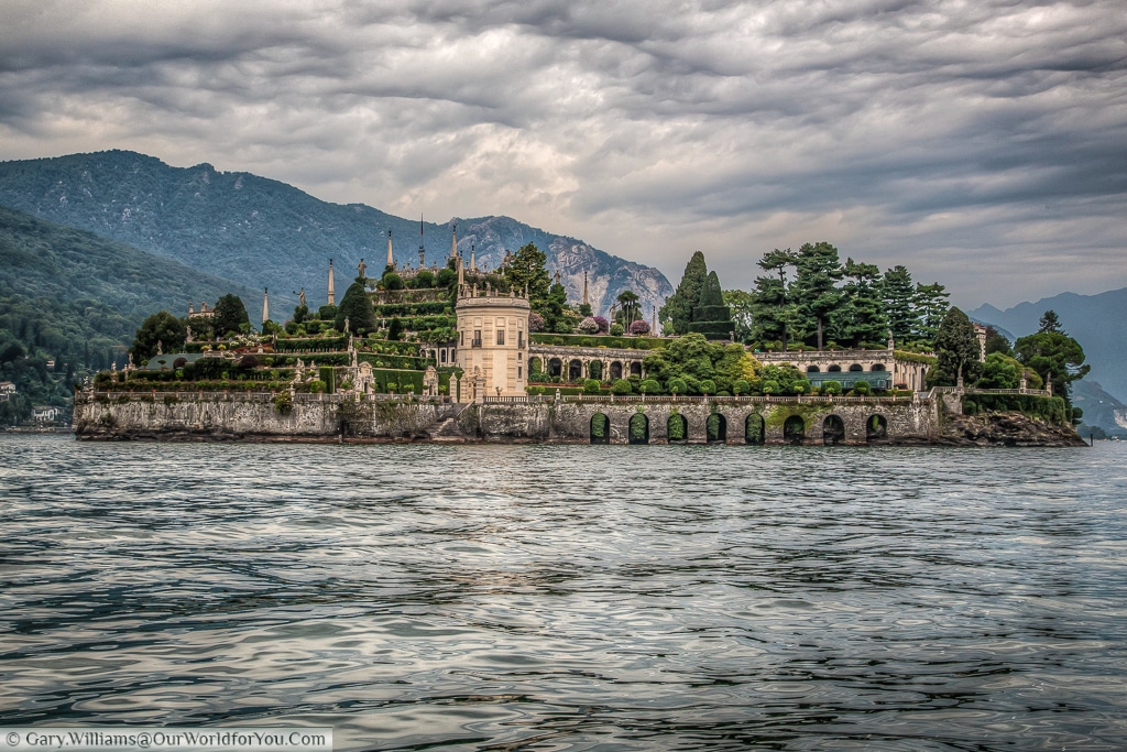 The view of Isola Bella, part of the Borromean Islands, from the ferry on Lake Maggiore, Italy