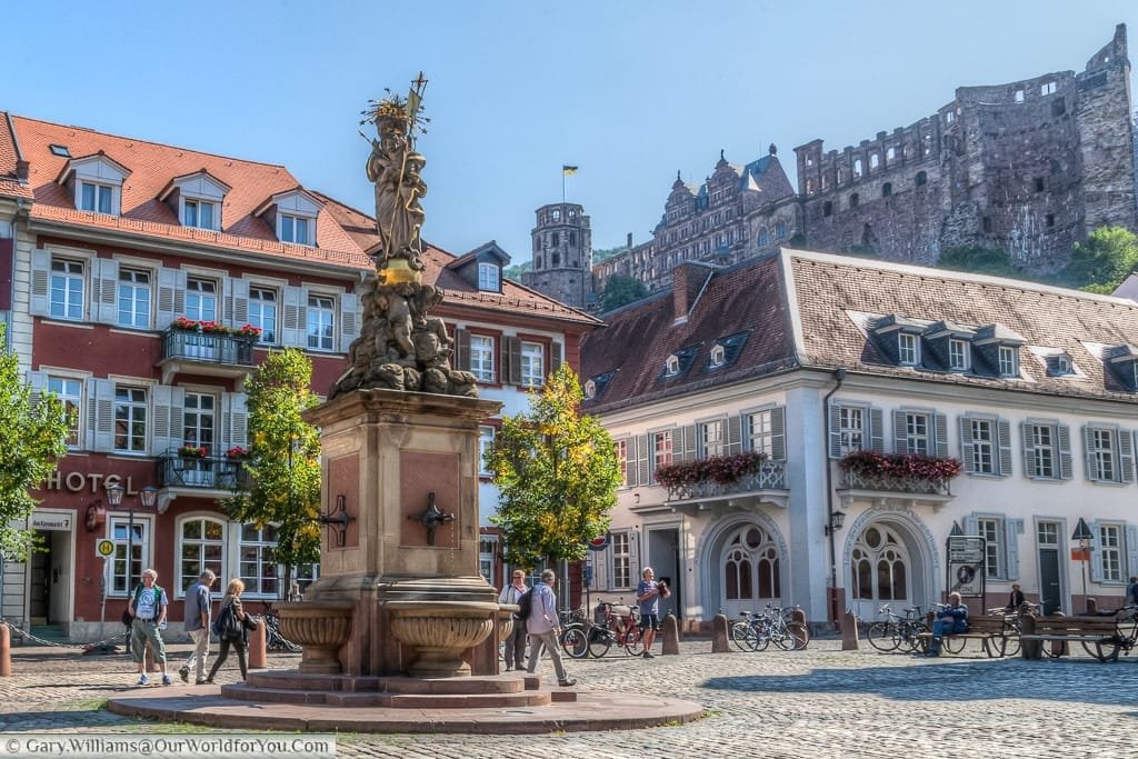 The view from Kornmarkt with Schloss Heidelberg on the hill, Heidelberg, Baden-Wurttemberg, Germany