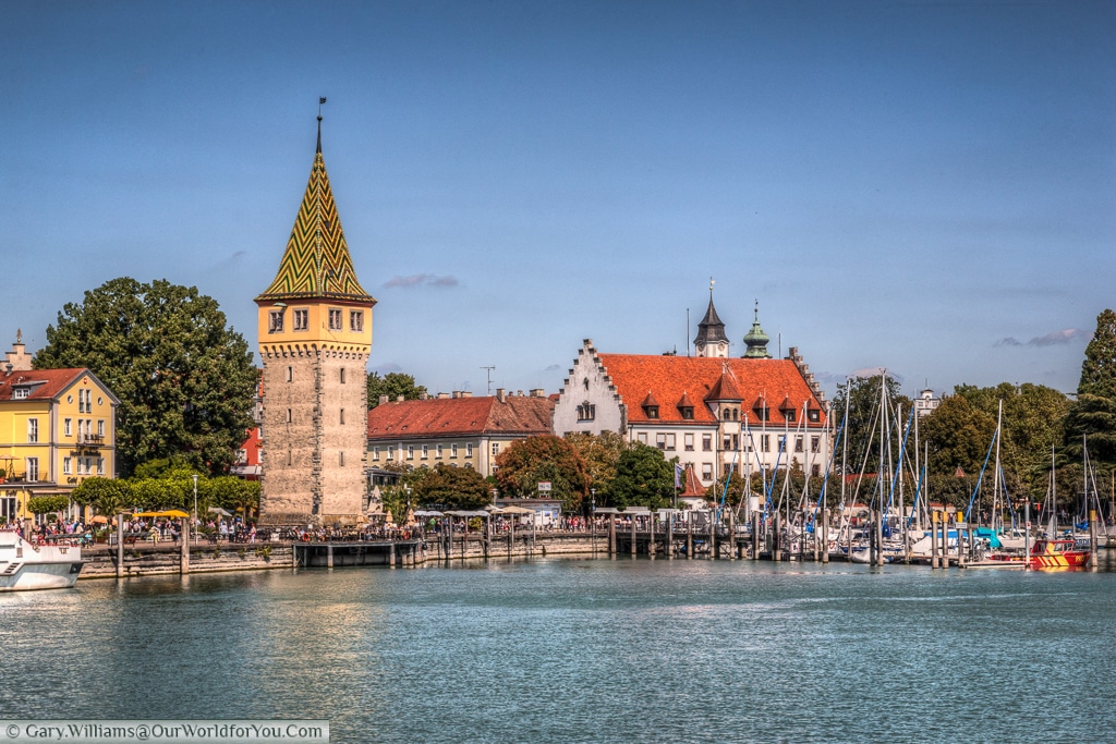 The Mangturm in the harbour of Lindau Island, on Lake Constance (Bodensee), Germany.