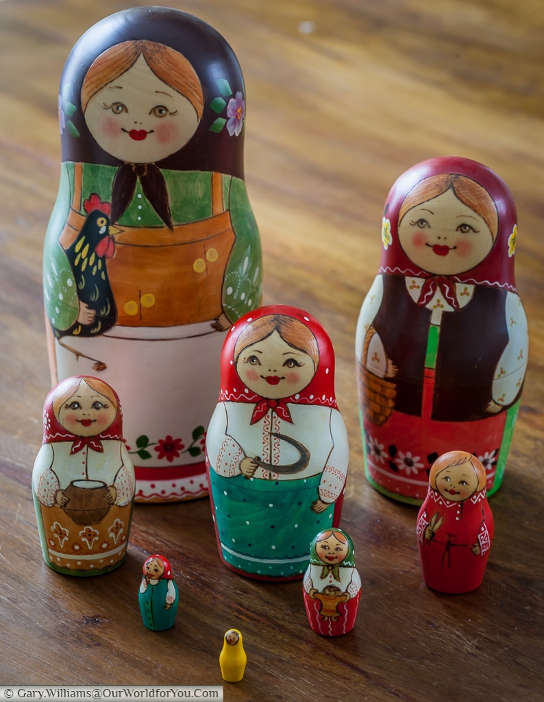 The family group of Matryoshka Dolls, all eight of them.