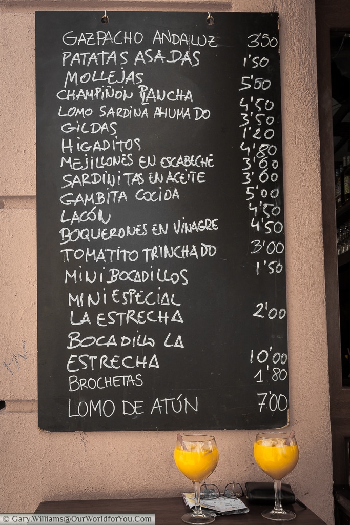 The tapas menu board at Tasquita La Estrecha, Valencia, Spain