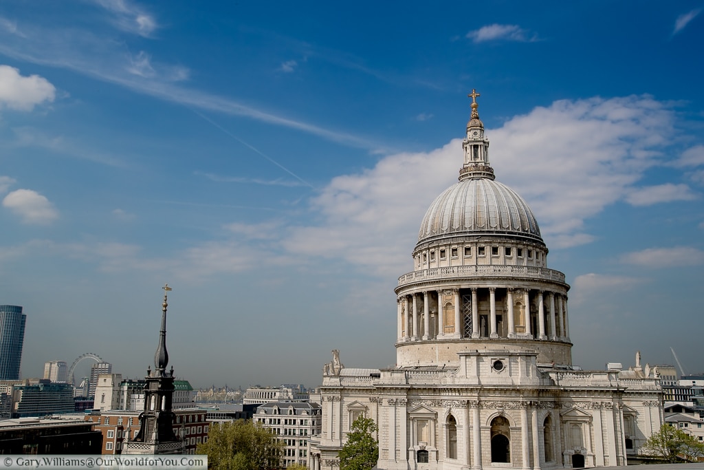 A wonderful view of St Paul's Cathedral, and a westerly view over London from One New Change, London, UK