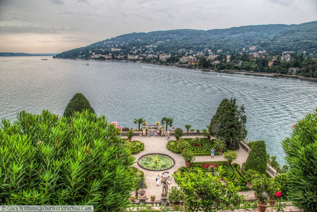 The view of Stresa from Isola Bella over the gardens of the palazzo, Lake Maggiore, Italy