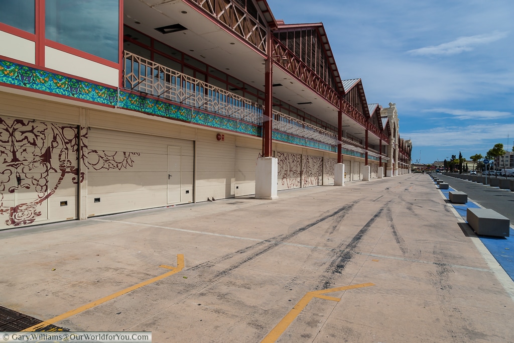 The abandoned Grand Prix pits of the F1 circus, Valencia, Spain