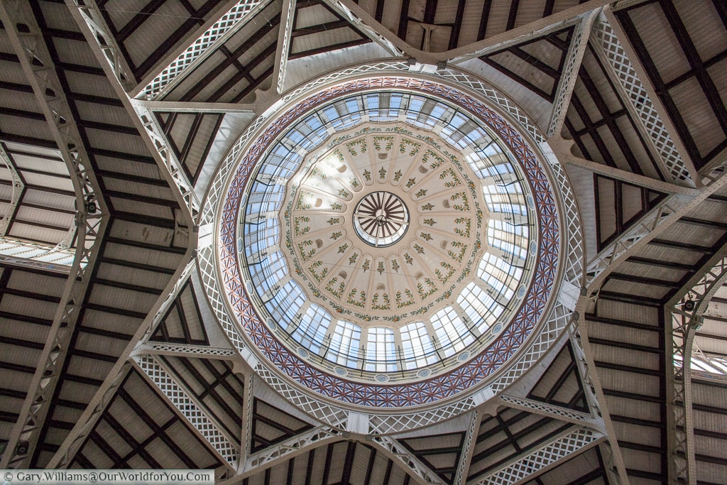 The interior of the dome of the Mercado Central, Valencia, Spain
