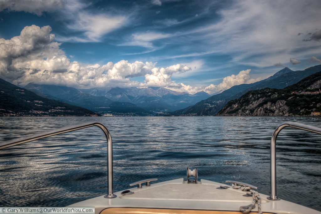 The view of the bow, looking north up the lake. Lake Como, Italy
