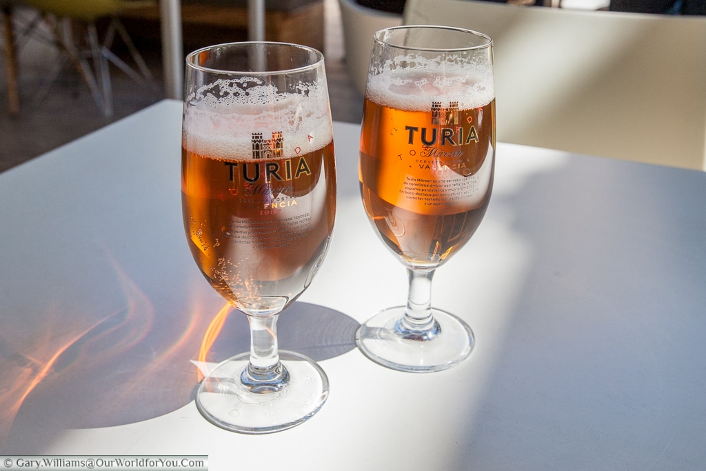 Turia Beers being consumed in the Mercado colon, Valencia, Spain