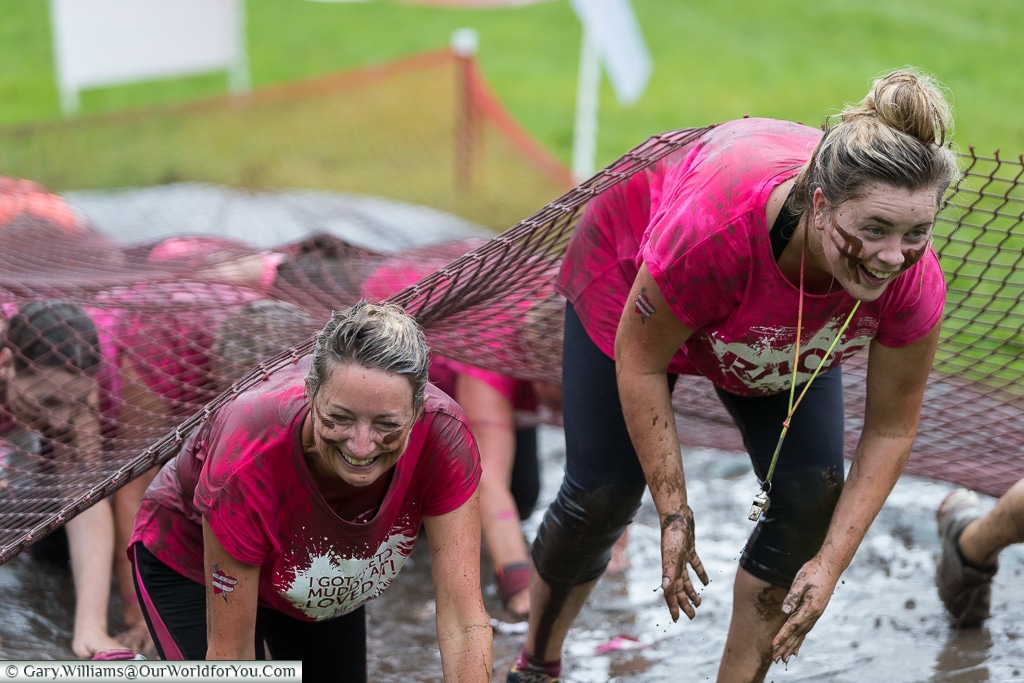 Claire & Aimee at the Pretty Muddy Cancer Research event, Cardiff, UK