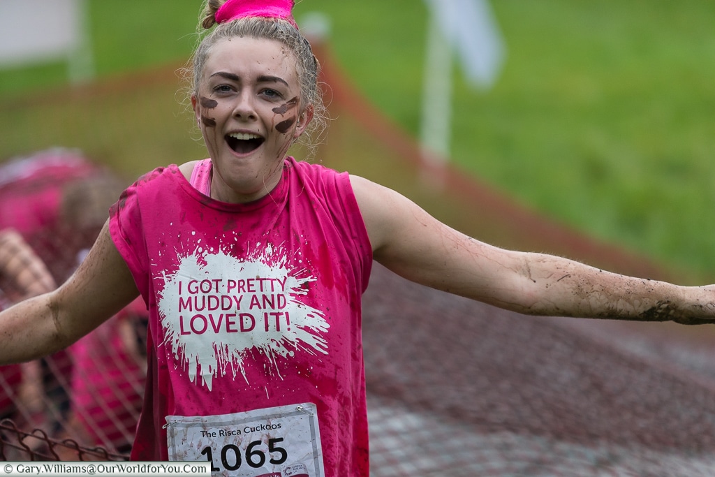 Emma's a little muddy at the Pretty Muddy Cancer Research event, Cardiff, UK