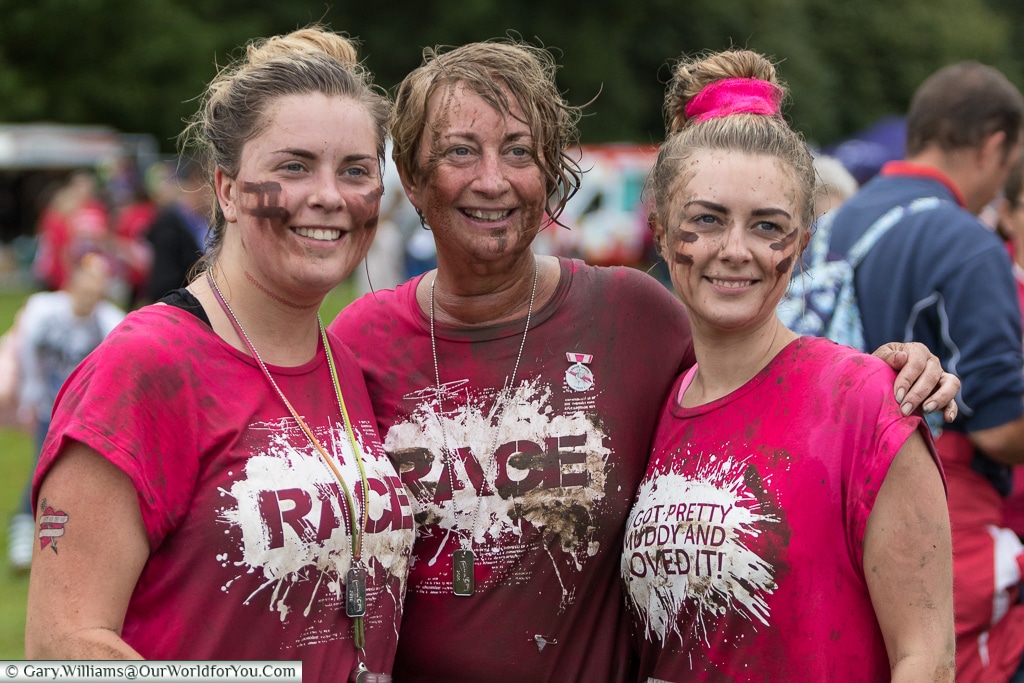 The joy at completing the Pretty Muddy Cancer Research event, Cardiff, UK