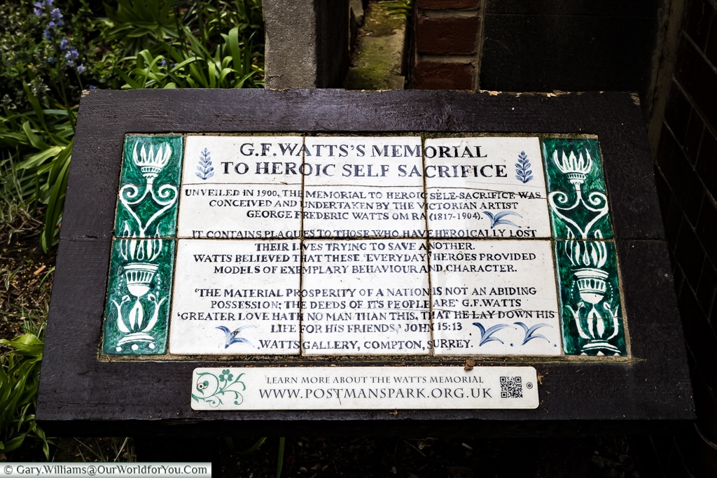 The Watts's memorial plaque in the Postman's Park, City of London.