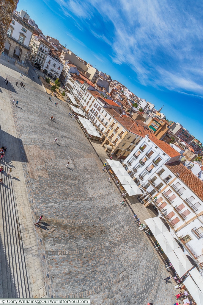 The Plaza Mayor from the ramparts , Cáceres, Spain
