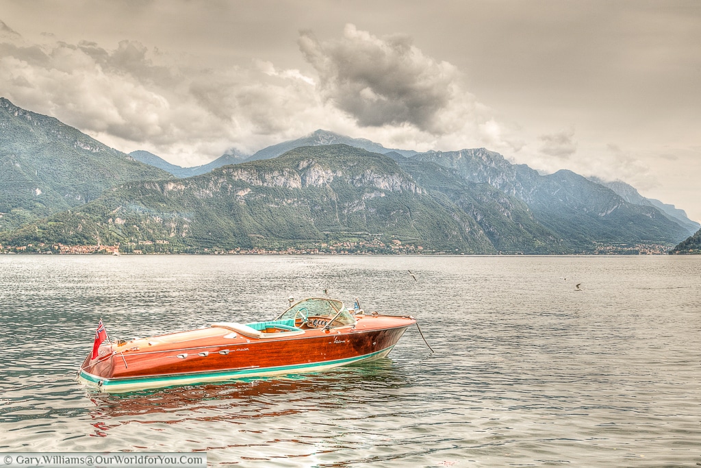 A beautiful wooden speedboat on Lake Como, Lombardy, Italy