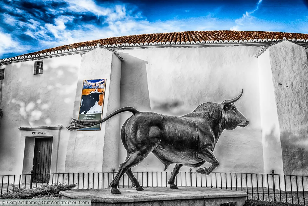 A bull statue outside the Bullring, Ronda, Spain
