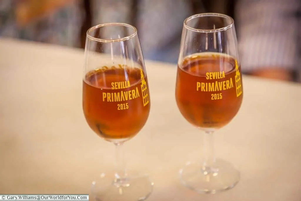 A couple of glasses of chestnut coloured Olorosso sherry in our bar in the Barrio Santa Cruz area of Seville,
