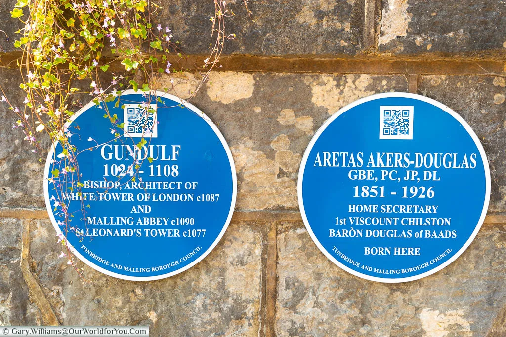 A Tonbridge & Malling Borough council blue plaque to Gundulf and Aretas-Akers Douglas at St Mary’s Abbey, West Malling