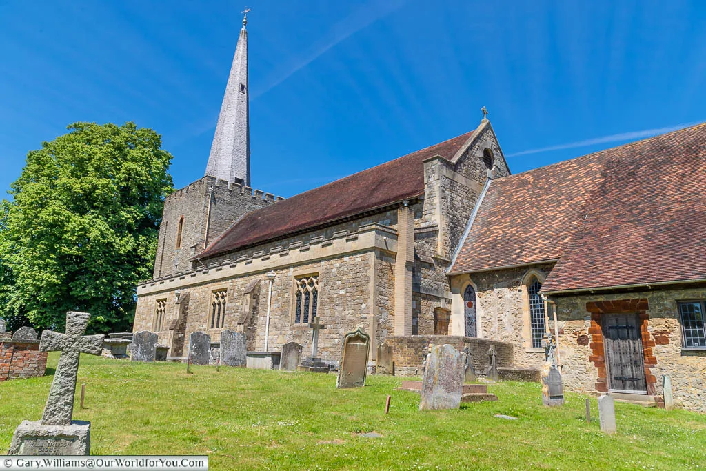 A view across the graveyard to the Church of St Mary the Virgin in West Malling, Kent