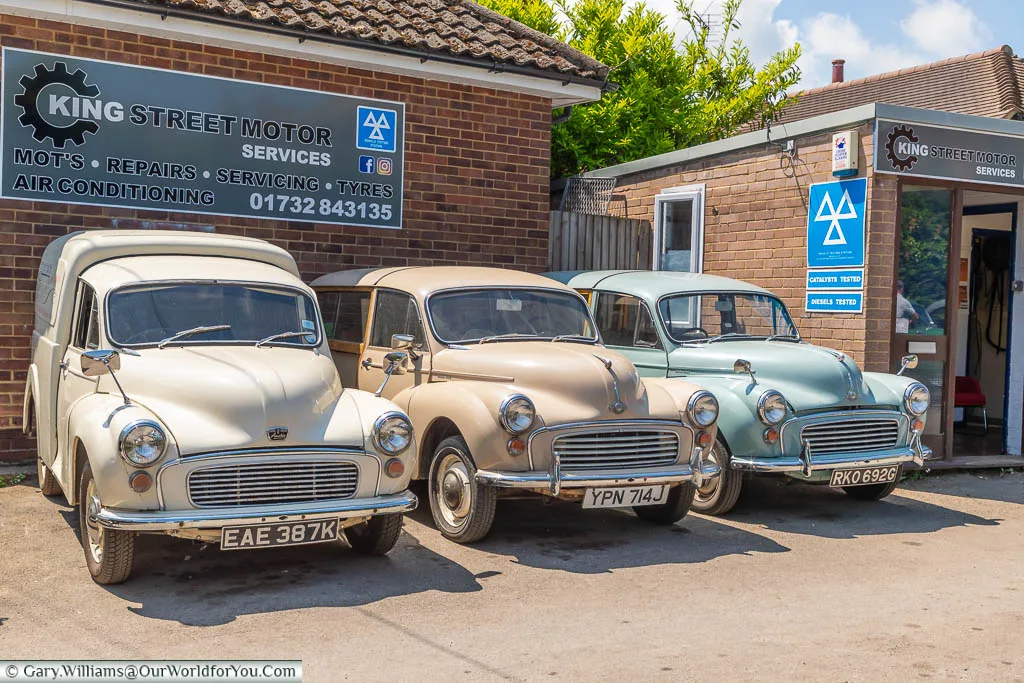 A brace of classic Morris Minors of various types at King Street Motors in West Malling