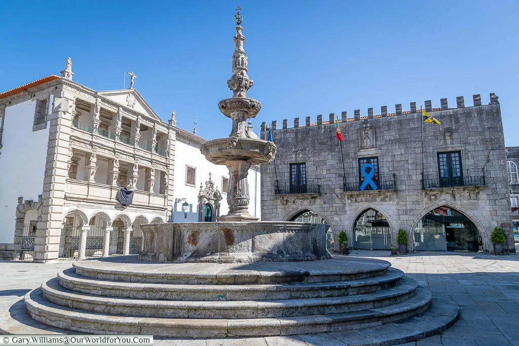A stone fountain in the centre of Praca da Republica, Viana do Castelo, Portugal