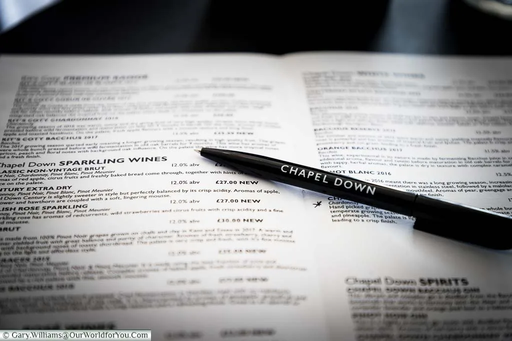 The A5 pamphlet and Chapel Down branded pen, with the tasting notes for all of the wines available.