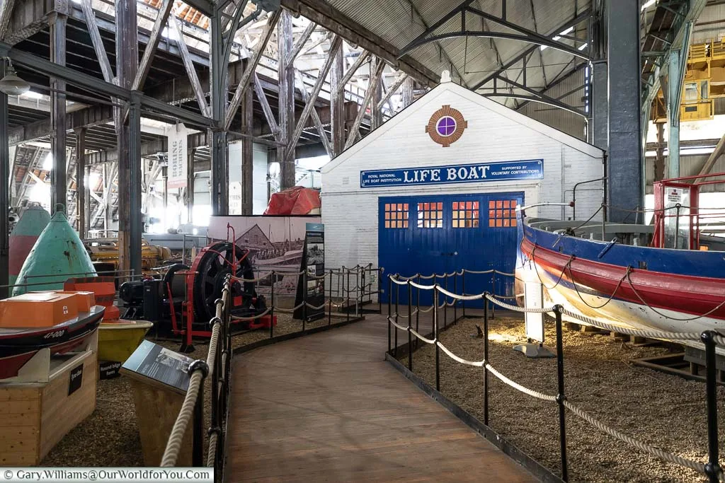 A historic lifeboat station mocked in the slip that houses the RNLI display at the Historic Dockyard Chatham