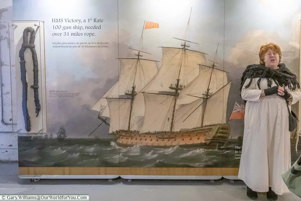 A tour guide, dressed in period clothing, at the start of the Ropery tour at the Historic Dockyard Chatham