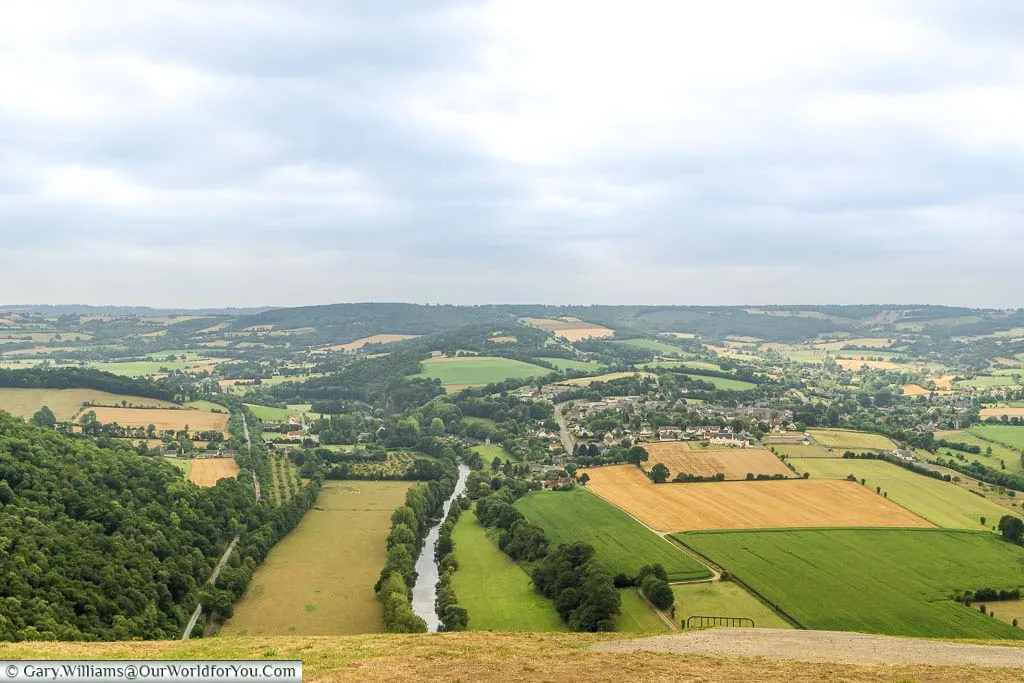 Looking over the fields, dissected by the River Orne, of the Suisse-Normande area of the Normandy region of France