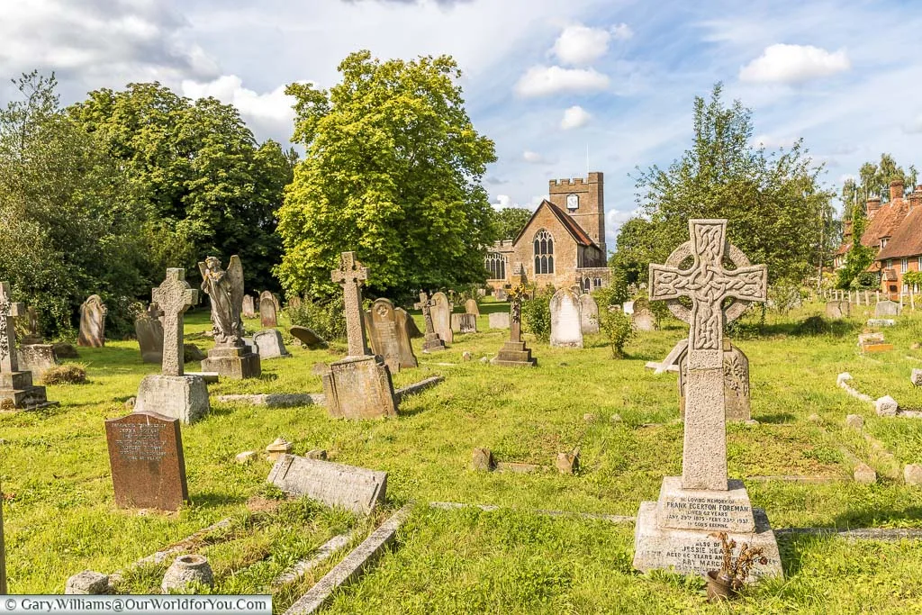 Looking over the headstones of the graveyard towards St Peter and Paul's church in Headcorn