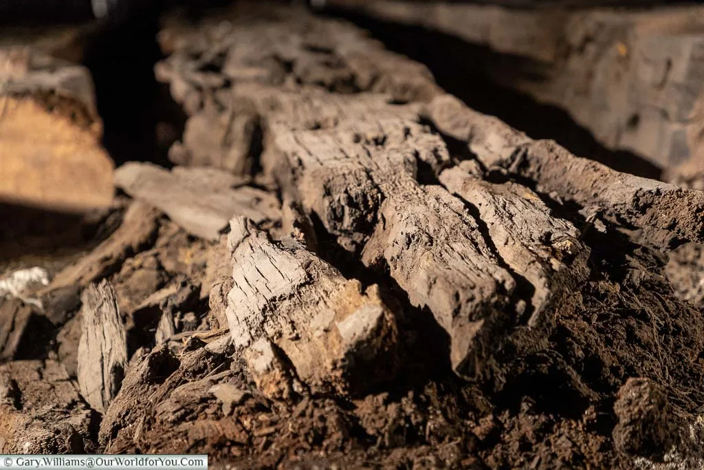 A close-up view of the dried out timers of the 18th century HMS Namur at the Historic Dockyard Chatham