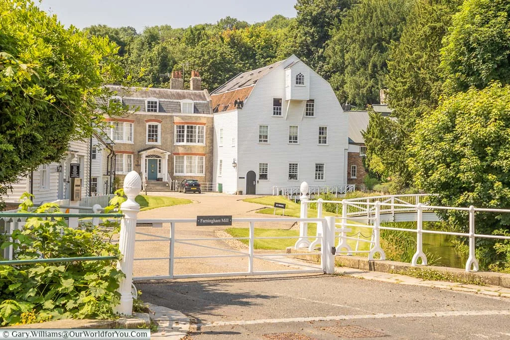 The white weatherboarded 18th-century Farningham Mill in Farningham, Kent