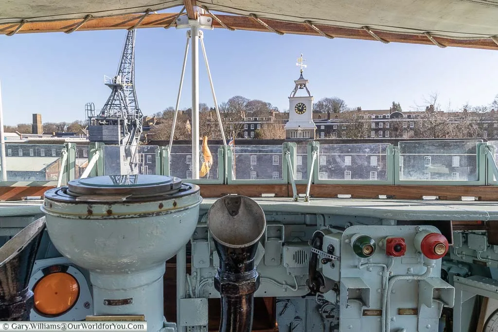 The view from the bridge of HMS Cavalier overlooking the Commissioner's House at the Historic Dockyard Chatham