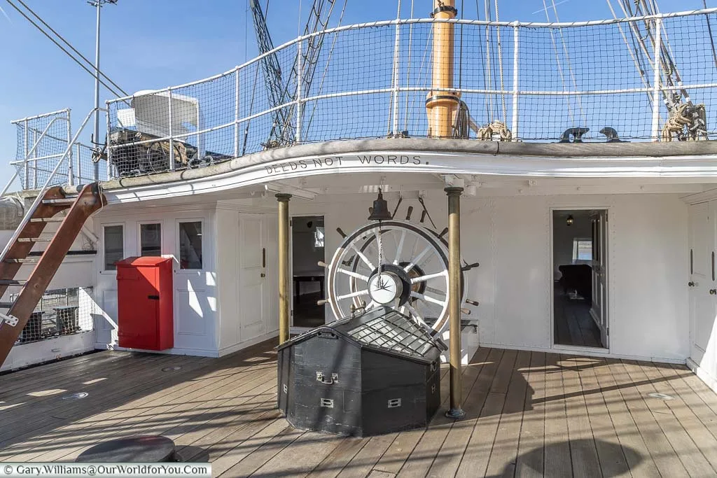 The steering gear on the open deck of HMS Gannet at the Historic Dockyard Chatham