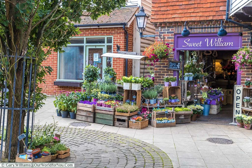 Pretty Little florists, named Sweet William, in the village with its wares on display outside in the courtyard.