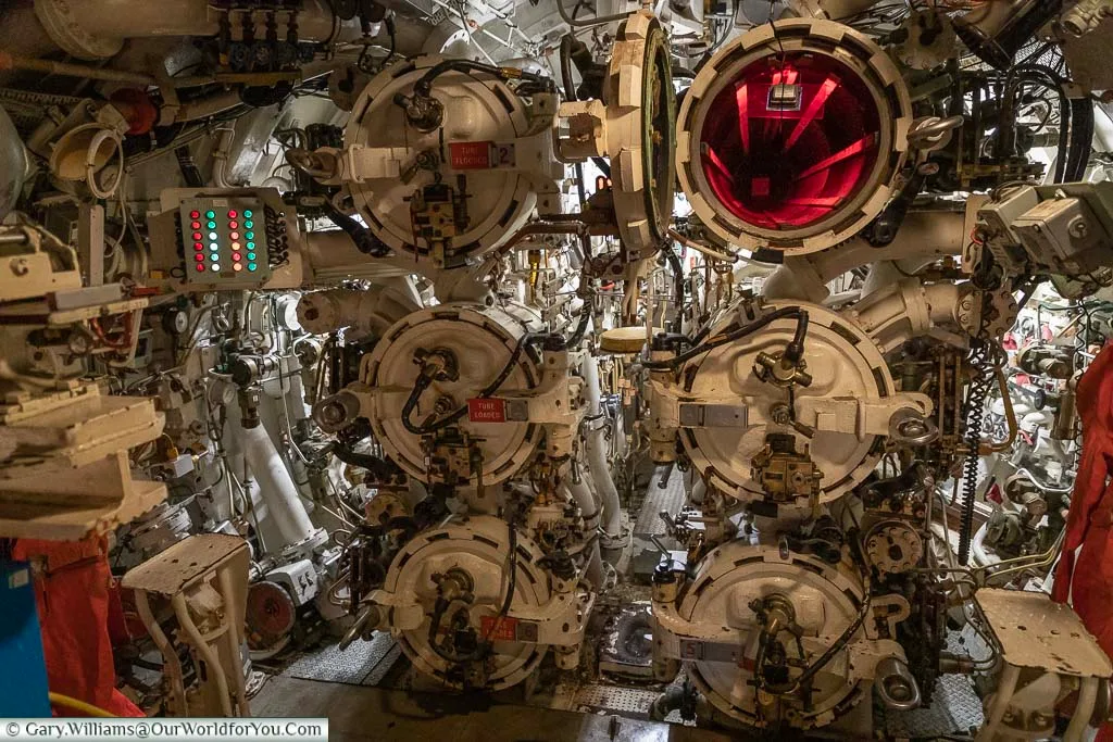 The torpedo tubes of HMS Ocelot, an exhibit at Chatham Dockyard