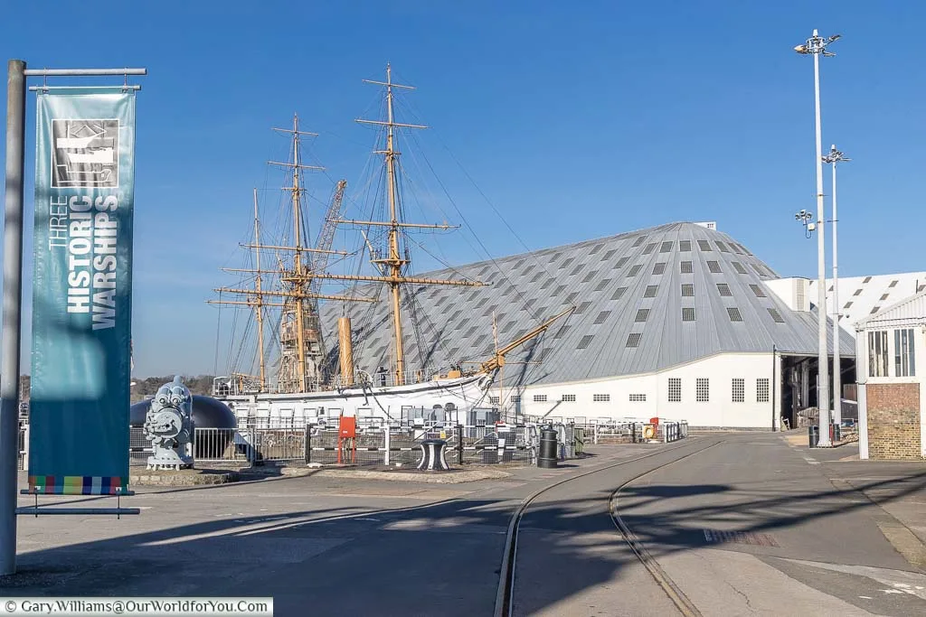 A view from the Historic Dockyard Chatham with HMS Gannet moored in a dry dock in front of #3 slip.