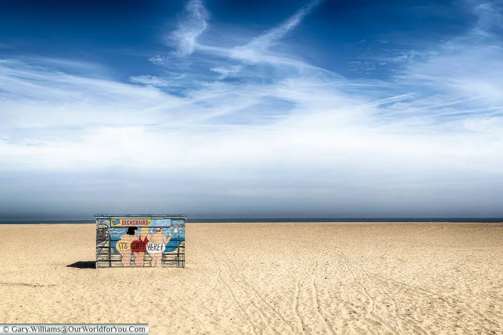 A deckchair hut on the golden sands of Great Yarmouth beach in the county of Norfolk, England