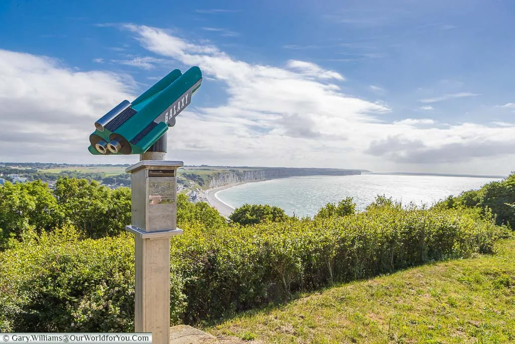 The public telescope styled like a science fiction rocket, high on the hillside above the Normandy coast at Fécamp.