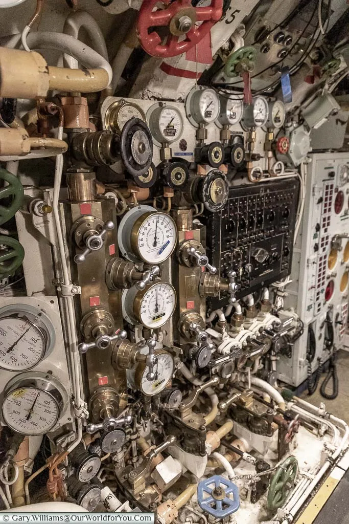 A mass of dials and controls at one station onboard HMS Ocelot at the Historic Dockyard Chatham