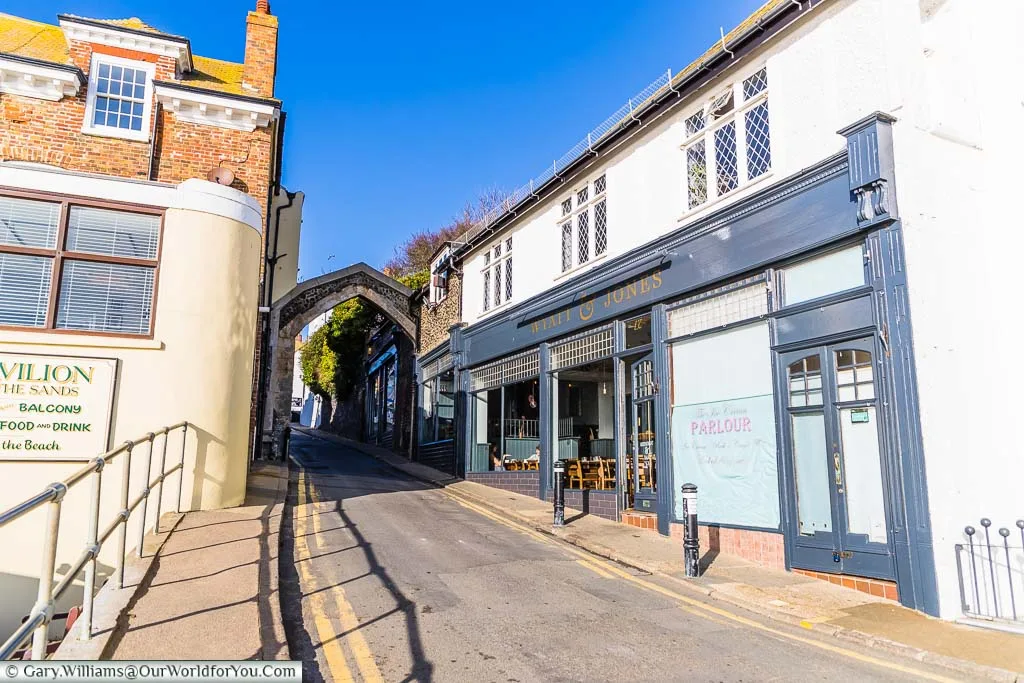 The York gate Arch over Harbour Street in front of Wyatt & Jones restaurant and bar