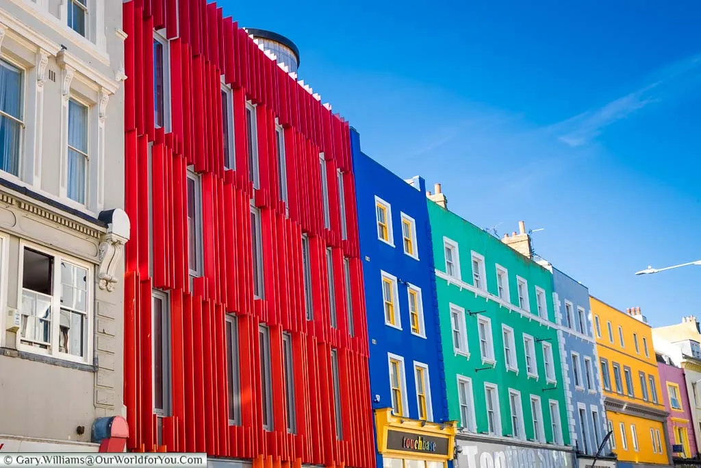 Brightly colour buildings along Tontines Road, Folkestone that make up part of Creative Folkestone.
