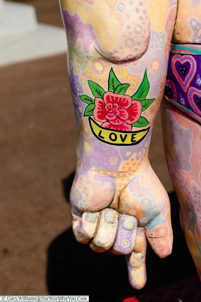 A close up of the tattoo on the left arm of the statue 'I Am Argonaut' as part of the Folkestone Triennial