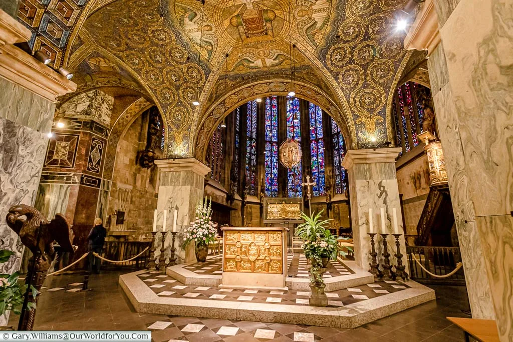 The altar in Aachen's Dom. Here you get a great view of the detail in the Cathedral and the light brought in by its vast stained glass windows.