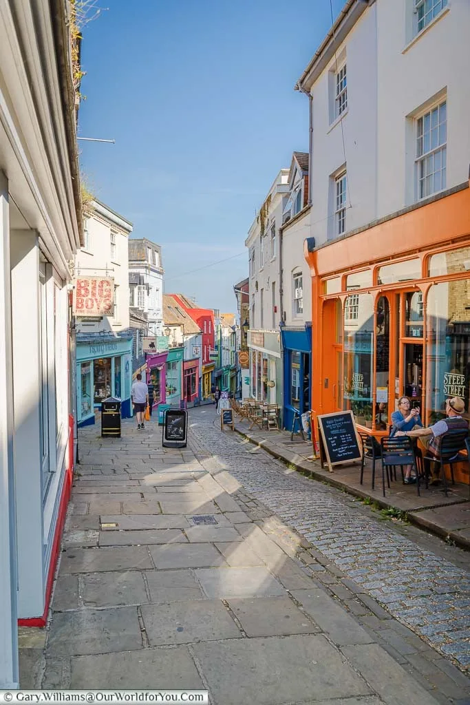 Looking down the Old High Street in the creative quarter of Folkestone