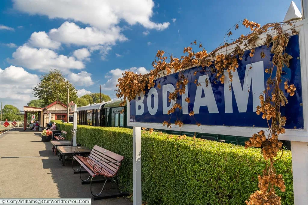 The blue sign for Bodiam on the platform of the Kent and East Sussex heritage railway